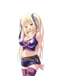 Rule 34 | blonde hair, blush, bra, breasts, cleavage, covered erect nipples, frills, kyonyuu majo, large breasts, q-gaku, shorts, tenma cecile, thighhighs, twintails, underwear