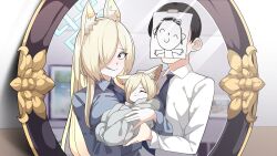 Rule 34 | 1boy, 2girls, :3, ^ ^, animal ear fluff, animal ears, anime coloring, baby, black hair, blonde hair, blue archive, blue halo, blue necktie, blurry, blurry background, blush, cel shading, child, closed eyes, closed mouth, collared shirt, covered face, dog ears, dog girl, doodle sensei (blue archive), family, grapeanime, grey eyes, grey shirt, hair over one eye, halo, highres, husband and wife, indoors, kanna (blue archive), long hair, long sleeves, looking at mirror, mirror, multiple girls, necktie, one eye covered, sensei (blue archive), shirt, short hair, smile, upper body, video thumbnail, white shirt