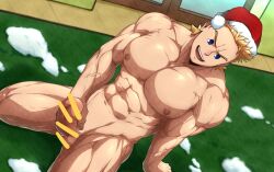 Rule 34 | 1boy, abs, bara, blonde hair, boku no hero academia, completely nude, erection, hat, highres, kuroshinki, large pectorals, male focus, male masturbation, masturbation, muscular, muscular male, navel, nipples, nude, open mouth, paid reward available, pectorals, penis, red hat, santa hat, short hair, sitting, smile, solo, testicles, thick thighs, thighs, togata mirio
