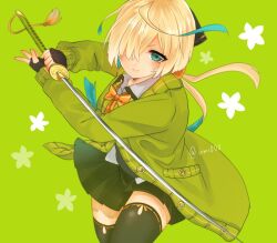 Rule 34 | 1girl, aqua eyes, aqua hair, blonde hair, bow, bowtie, cardigan, closed mouth, fighting stance, fingerless gloves, floating hair, floral background, gloves, green background, green cardigan, green skirt, hair between eyes, hair ribbon, holding, holding sword, holding weapon, inaba gou, katana, long sleeves, low ponytail, multicolored hair, one eye covered, ribbon, skirt, solo, sword, tassel, tenka hyakken, thighhighs, two-tone hair, usami misa, weapon