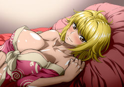 Rule 34 | 1girl, bare shoulders, blonde hair, blush, breasts, brown eyes, cleavage, female focus, japanese clothes, kimono, large breasts, looking at viewer, lying, marguerite (one piece), nel-zel formula, on back, one piece, short hair, smile, solo