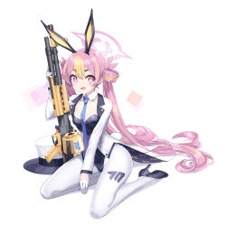 Rule 34 | 1girl, :3, animal ears, blonde hair, blue archive, blue necktie, blush, breasts, detached collar, drum magazine, fake animal ears, fang, formal, general-purpose machine gun, gloves, gun, hair between eyes, hair ribbon, half gloves, halo, hat, highres, holding, holding weapon, koyuki (blue archive), koyuki (bunny) (blue archive), ktsecond, leotard, long hair, looking at viewer, m60, machine gun, magazine (weapon), multicolored hair, necktie, open clothes, open mouth, pantyhose, pink eyes, pink hair, pink ribbon, playboy bunny, rabbit ears, ribbon, short eyebrows, simple background, sitting, small breasts, solo, star-shaped pupils, star (symbol), streaked hair, suit, symbol-shaped pupils, tie clip, top hat, twintails, two-tone hair, very long hair, weapon, white background, white gloves, white pantyhose, white suit, yokozuwari