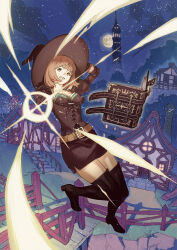 Rule 34 | 1girl, belt, black shirt, black skirt, black thighhighs, book, breasts, brown belt, brown eyes, brown hair, casting spell, cleavage, cottage (building), floating, floating book, floating object, full moon, fumikazu, hat, moon, open mouth, original, shirt, short hair, skirt, solo, stairs, thighhighs, witch hat
