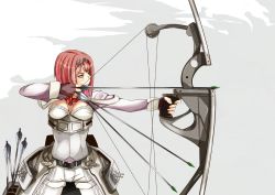 Rule 34 | 10s, 1girl, aiming, ark royal (kancolle), arrow (projectile), belt, blue eyes, blunt bangs, bob cut, bow (weapon), cleavage cutout, clothing cutout, compound bow, cowboy shot, drawing bow, fingerless gloves, gloves, hairband, holding, holding bow (weapon), holding weapon, kantai collection, long sleeves, machinery, neo (tyottama), pantyhose, quiver, red hair, red ribbon, ribbon, rigging, short hair, shorts, simple background, solo, standing, tiara, weapon, white background, white pantyhose, white shorts