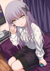 Rule 34 | bang dream!, bed, bedroom, breasts, digital media player, downscaled, earphones, hair ornament, long hair, md5 mismatch, minato yukina, narafume, on bed, open mouth, resized, shirt, silver hair, sitting, skirt, small breasts, yellow eyes