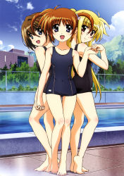 Rule 34 | 3girls, :d, absurdres, barefoot, black one-piece swimsuit, blush, fate testarossa, feet, flat chest, hashimoto takayoshi, highres, holding hands, interlocked fingers, legs, looking at viewer, lyrical nanoha, mahou shoujo lyrical nanoha, mahou shoujo lyrical nanoha a&#039;s, mahou shoujo lyrical nanoha the movie 2nd a&#039;s, multiple girls, official art, one-piece swimsuit, open mouth, pool, poolside, school swimsuit, smile, swimsuit, takamachi nanoha, toes, yagami hayate