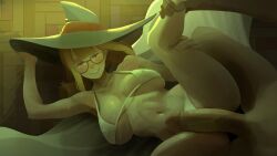 Rule 34 | 1boy, 1girl, bare arms, bare legs, bare shoulders, bikini, biting own lip, blanket, blonde hair, blush, breasts, censored, collarbone, commentary, english commentary, enif (sushoartworks), freckles, from above, glasses, hand on headwear, hand on own thigh, hat, hetero, highres, indoors, large breasts, leg grab, legs up, lying, medium hair, mosaic censoring, navel, on back, original, penis, penis on stomach, pov, round eyewear, solo focus, stomach, sushoartworks, sweat, swimsuit, thighs, white bikini, witch hat