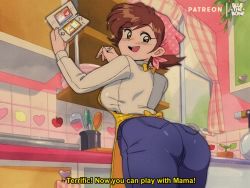Rule 34 | 1girl, apron, ass, bandana, bluethebone, brown hair, cooking mama, english text, handheld game console, kitchen, ladle, mama (cooking mama), mature female, nintendo 3ds, pants, plant, potted plant, retro artstyle, short hair, solo, sparkle, stylus, subtitled, window, yellow apron