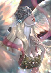 Rule 34 | 1girl, angel, angel wings, angewomon, artist name, bare shoulders, blonde hair, breasts, cleavage, covered eyes, detached collar, digimon, digimon (creature), digimon adventure, feathers, helmet, highres, large breasts, long hair, looking up, multiple wings, nail polish, parted lips, pink ribbon, ribbon, serafleur, silver nails, wings