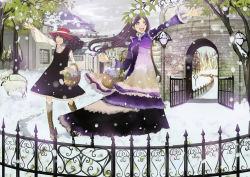 Rule 34 | 2girls, :d, arch, bad id, bad pixiv id, basket, black dress, black hair, blush, boots, brown footwear, brown hair, building, cross-laced footwear, curly hair, dress, fence, gate, happy, hat, hat ribbon, ironwork, knee boots, lace-up boots, lamppost, layered dress, long hair, long sleeves, looking afar, multicolored clothes, multicolored dress, multiple girls, open mouth, original, outdoors, outstretched arm, red hat, ribbon, sheep, shigureteki, sky, smile, snow, snowing, standing, sun hat, tree, winter