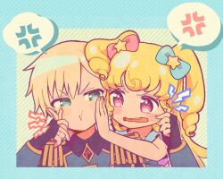 Rule 34 | 1boy, 1girl, 5.5, anger vein, annoyed, black gloves, blonde hair, blue border, blue bow, blue eyes, blue jacket, border, bow, brother and sister, cheek pull, epaulettes, eye contact, fingerless gloves, gloves, hair bow, half-closed eyes, hands on another&#039;s cheeks, hands on another&#039;s face, hands up, heads together, idol clothes, idol time pripara, jacket, long hair, long sleeves, looking at another, open mouth, pink bow, pretty series, pripara, purple eyes, ringlets, short hair, siblings, spoken anger vein, star (symbol), two side up, upper body, v-shaped eyebrows, yumekawa shogo, yumekawa yui
