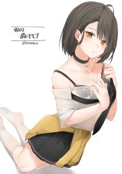 Rule 34 | 1girl, absurdres, ahoge, alternate costume, azur lane, baltimore (after-school ace) (azur lane), baltimore (azur lane), bare shoulders, black bra, black choker, black necktie, black skirt, blush, bra, braid, breasts, brown hair, character name, choker, closed mouth, clothes around waist, collarbone, collared shirt, dated, french braid, head tilt, highres, kneehighs, large breasts, looking at viewer, loose necktie, necktie, no shoes, off shoulder, pleated skirt, school uniform, see-through, shirt, short hair, short sleeves, simple background, skirt, socks, solo, sweat, sweater, sweater around waist, twitter username, underwear, wet, wet clothes, wet shirt, white background, white shirt, xretakex, yellow eyes