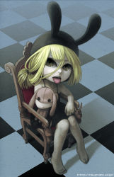 Rule 34 | 1girl, animal ears, animal hat, bad id, bad pixiv id, barefoot, blonde hair, chair, checkered floor, creepy, dress, face, feet, floor, hat, highres, horror (theme), nikerabi, open mouth, pale skin, perspective, rabbit ears, sitting, solo, stuffed toy, tongue