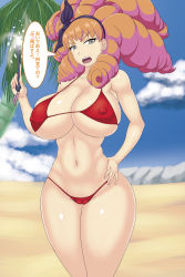 Rule 34 | 10s, 1girl, absurdres, beach, big hair, bikini, breasts, cameltoe, cloud, covered erect nipples, drill hair, earrings, grey eyes, hairband, hand on own hip, highres, huge breasts, jewelry, large breasts, melie, navel, ocean, open mouth, orange hair, palm tree, radiant, red bikini, redshoot, sky, solo, speech bubble, swimsuit, tree, wand