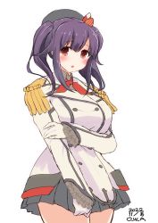 Rule 34 | 1girl, ahoge, black headwear, breasts, buttons, cosplay, cowboy shot, epaulettes, frilled sleeves, frills, gloves, grey skirt, hair flaps, highres, jacket, kantai collection, kashima (kancolle), kashima (kancolle) (cosplay), large breasts, long sleeves, looking at viewer, military, military jacket, military uniform, miniskirt, neckerchief, one-hour drawing challenge, owa (ishtail), pleated skirt, purple hair, red eyes, red neckerchief, simple background, skirt, socks, solo, taigei (kancolle), twintails, uniform, white background, white gloves, white jacket