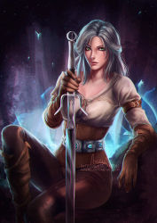 Rule 34 | 1girl, arm strap, axsen, ciri, facial scar, gloves, green eyes, leather, leather gloves, looking at viewer, medium hair, scar, scar on cheek, scar on face, signature, silver hair, sitting, solo, sword, the witcher (series), the witcher 3, watermark, weapon, web address