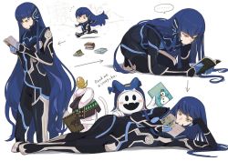 Rule 34 | 1boy, 1girl, 2others, all fours, androgynous, arm support, asymmetrical hair, blue bodysuit, blue hair, bodysuit, book, chibi, commentary request, donbee937, english text, eyelashes, feet out of frame, full body, holding, jack frost (megami tensei), legs, long hair, lying, male focus, multiple others, multiple views, on side, protagonist (smtv), reading, shadow, shin megami tensei, shin megami tensei v, simple background, speech bubble, standing, tail, thoth (megami tensei), very long hair, white background, yellow eyes