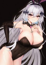 Rule 34 | 1girl, absurdres, animal ears, bare shoulders, black gloves, black leotard, breasts, bursting breasts, character request, cleavage, collar, covered erect nipples, elbow gloves, gloves, hand on own hip, highleg, highleg leotard, highres, indie virtual youtuber, isekai tensei shite v ni narimashita, jewelry, kamishiro nia, large breasts, leaning forward, leotard, looking at viewer, mito soosu, navel, necklace, playboy bunny, rabbit ears, skin tight, skindentation, smile, solo, thick thighs, thighs, virtual youtuber, white hair