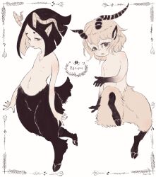 Rule 34 | 2boys, animal ears, animal feet, black fur, black hair, black horns, black nails, blunt ends, brown eyes, brown fur, brown hair, brown horns, colored extremities, commentary request, digitigrade, full body, goat ears, goat horns, goat tail, greek text, hooves, horizontal pupils, horns, invisible chair, light brown hair, looking at viewer, male focus, monster boy, multiple boys, open mouth, original, sasamichr, satyr, short hair, simple background, sitting, standing, standing on one leg, translation request, white background