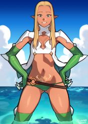 Rule 34 | 1girl, belt, blonde hair, blue sky, breasts, cloud, cloudy sky, dark-skinned female, dark skin, elbow gloves, elf, gloves, green eyes, green gloves, green panties, green thighhighs, long hair, navel, original, panties, partially submerged, pointy ears, pubic tattoo, sky, small breasts, smile, solo, sunna (nilsunna), tattoo, teeth, thighhighs, underwear, wading, water