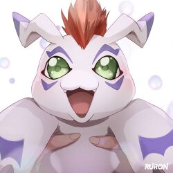 Rule 34 | :3, :d, artist name, bubble, commentary, digimon, digimon (creature), english commentary, fangs, fingernails, gomamon, green eyes, happy, holding, holding digimon, looking at viewer, mixed-language commentary, open mouth, pov, pov hands, red hair, ruron (ruron art), short hair, simple background, smile, solo focus, white background