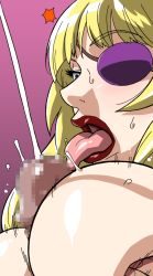 Rule 34 | 1girl, anyamal tantei kirumin zoo, blonde hair, blue eyes, breast focus, breasts, breasts squeezed together, censored, cirima, close-up, cum, ejaculation, eyebrows, eyepatch, gradient background, hatori misa, huge breasts, lips, lipstick, long hair, looking down, makeup, mosaic censoring, open mouth, paizuri, penis, red lips, simple background, solo focus, sweat, sweatdrop, tongue, tongue out, volvox