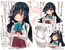 Rule 34 | 10s, 1boy, 1girl, admiral (kancolle), black hair, blush, brown eyes, closed mouth, flying sweatdrops, hair over one eye, hayashimo (kancolle), holding, kantai collection, long hair, long sleeves, lunchbox, military, military uniform, naval uniform, polka dot, school uniform, smile, suzuki toto, translation request, uniform, wavy mouth