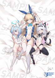 Rule 34 | 3girls, absurdres, alternate costume, animal ears, arona (blue archive), artist name, bikini, black thighhighs, blonde hair, blue archive, breasts, child, double v, fake animal ears, full body, grey hair, highres, leotard, looking at viewer, lying, medium breasts, micro bikini, multicolored hair, multiple girls, on bed, pink hair, plana (blue archive), playboy bunny, rabbit ears, small breasts, stmast, swimsuit, thighhighs, toki (blue archive), two-tone hair, v, white leotard, white thighhighs