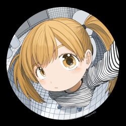 Rule 34 | 1girl, arm up, artist name, black border, black shirt, blonde hair, blue footwear, border, breasts, close-up, closed mouth, dot nose, double-parted bangs, fisheye, from above, head tilt, highres, light blush, long hair, long sleeves, looking at viewer, nagomurasan, original, restroom, shirt, small breasts, solo, standing, striped clothes, striped shirt, tile floor, tile wall, tiles, toilet, toilet paper, twintails, white shirt, window, yellow eyes