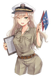Rule 34 | 1girl, belt, blonde hair, blush, breasts, brown belt, camouflage, camouflage pants, camouflage shirt, collarbone, earrings, flag, green eyes, hat, highres, holding, holding flag, holding notebook, jewelry, long hair, looking at viewer, military, military hat, military uniform, missouri (warship girls r), notebook, one eye closed, open mouth, pants, shirt, solo, star (symbol), star earrings, uniform, warship girls r, white background, yuemanhuaikong