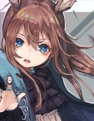 Rule 34 | 1girl, amiya (arknights), animal ears, arknights, ascot, black ascot, black jacket, blue eyes, brown hair, clothes writing, extra ears, female focus, hair between eyes, hand up, highres, jacket, jewelry, long hair, multiple rings, nyucha, open clothes, open jacket, open mouth, rabbit ears, ring, shirt, sidelocks, sketch, solo, teeth, thumb ring, upper body, upper teeth only, white shirt