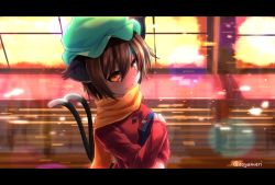 Rule 34 | 1girl, animal ears, aono meri, bad id, bad twitter id, brown hair, cat ears, cat tail, chen, coat, hat, letterboxed, long sleeves, looking at viewer, md5 mismatch, mob cap, multiple tails, orange eyes, resized, scarf, short hair, smile, solo, tail, touhou, twitter username