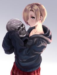 Rule 34 | 1girl, blonde hair, character name, collarbone, commentary request, dated, ear piercing, from side, gradient background, grey background, happy birthday, heart, highres, holding, holding skull, hood, hoodie, idolmaster, idolmaster cinderella girls, looking at viewer, parted lips, piercing, plaid, plaid skirt, profile, red skirt, shashaki, shirasaka koume, short hair, sideways glance, skirt, skull, sleeves past wrists, solo