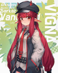Rule 34 | 1girl, absurdres, arknights, artist name, belt, black belt, black hat, braid, cabbie hat, character name, commentary, copyright name, hands in pockets, hat, highres, horns, icenight, long hair, long sleeves, looking at viewer, necktie, pointy ears, red eyes, red hair, red necktie, shirt, sidelocks, signature, solo, upper body, very long hair, vigna (arknights), white shirt, wing collar