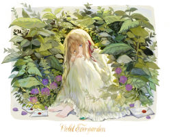 Rule 34 | 10s, 1girl, alternate costume, alternate hairstyle, bad id, bad pixiv id, barefoot, blue eyes, brooch, brooch removed, character name, copyright name, dress, envelope, flower, hair between eyes, hair ribbon, hands on own knees, jewelry, knees up, letter, long hair, long sleeves, looking at viewer, outdoors, plant, red ribbon, ribbon, vertigowitch, violet evergarden, violet evergarden (series), wax seal, white dress