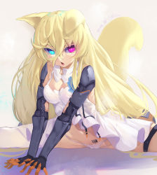 Rule 34 | 1girl, absurdres, animal ears, bad id, bad pixiv id, barcode, blonde hair, blue eyes, blush, breasts, cameltoe, cat ears, cat tail, cleavage, dress, g41 (girls&#039; frontline), girls&#039; frontline, hair between eyes, heterochromia, highres, long hair, looking at viewer, navel, open mouth, panties, red eyes, revision, solo, spread legs, tail, torriet, underwear, very long hair, white dress, white panties