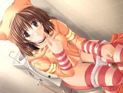 Rule 34 | 1girl, bin can darling, blush, brown eyes, brown hair, censored, chiba chinatsu, choker, clothes pull, dutch angle, embarrassed, game cg, hand on own chest, hand on own thigh, hat, hidaka tamaki, looking at viewer, mosaic censoring, orange skirt, panties, panty pull, pussy, sitting, skirt, skirt pull, solo, striped clothes, striped thighhighs, sweater, thighhighs, tile wall, tiles, toilet, toilet brush, toilet use, underwear, white panties