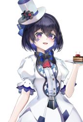 Rule 34 | 1girl, :d, absurdres, black bow, black bowtie, blue eyes, blue hair, bow, bowtie, cake, cake slice, dress, food, hat, highres, holding, holding plate, honkai (series), honkai impact 3rd, looking at viewer, open mouth, plate, seele (ffva7257), seele vollerei, short hair, simple background, smile, solo, top hat, upper body, white background, white dress