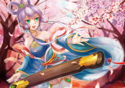 Rule 34 | absurdres, bad id, bad pixiv id, bare shoulders, blurry, depth of field, detached sleeves, flower, green eyes, hair flower, hair ornament, hair rings, hair stick, hair tubes, halterneck, highres, hua-j, instrument, light purple hair, luo tianyi, open mouth, petals, round teeth, short hair with long locks, smile, solo, teeth, thighhighs, twintails, vocaloid, vocanese