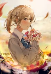 Rule 34 | 1girl, beige cardigan, blonde hair, blue bow, blue bowtie, blush, bouquet, bow, bowtie, brown eyes, cardigan, closed mouth, cloud, cloudy sky, dress shirt, evening, flower, highres, hisao 0111, holding, holding flower, leaf, long hair, long sleeves, looking at viewer, original, outdoors, ponytail, school uniform, shirt, sky, smile, solo, sunset, twilight, white shirt