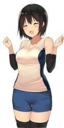 Rule 34 | 10s, 1girl, black hair, breasts, closed eyes, kantai collection, kureha (ironika), open mouth, short hair, simple background, smile, solo, takao (kancolle), thighhighs, zettai ryouiki