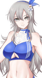 Rule 34 | 1girl, ahoge, bikini, blue bikini, breasts, cleavage cutout, clothing cutout, flower, grey eyes, hair between eyes, hair flower, hair ornament, hairband, highres, kantai collection, lips, long hair, looking at viewer, navel, silver hair, simple background, smile, solo, swimsuit, upper body, washington (kancolle), white background, yomogi dango