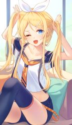 Rule 34 | 1girl, :d, angel ina, arms up, blonde hair, blue eyes, blue shorts, blue thighhighs, bunching hair, commentary request, couch, day, fang, future style (module), hair ornament, hair ribbon, hairclip, highres, kagamine rin, long hair, navel, necktie, on couch, one eye closed, open mouth, orange necktie, pillow, ribbon, shirt, short sleeves, shorts, sitting, skin fang, smile, solo, thighhighs, tongue, twintails, vocaloid, white ribbon, white shirt, window