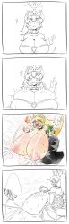 Rule 34 | 1boy, 1girl, 4koma, blood, bowsette, bracelet, breast expansion, breast milk, breasts, breath weapon, breathing fire, collar, comic, crown, earrings, embarrassed, facial hair, fire, gloves, hat, highres, horns, jewelry, lactation, large breasts, long hair, mario, mario (series), matsu-sensei, mushroom, mustache, new super mario bros. u deluxe, nintendo, nipples, overalls, princess dress, spiked bracelet, spiked collar, spikes, super crown, super mushroom, turtle shell