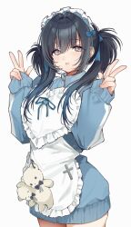 Rule 34 | 1girl, apron, bear, black hair, blue hair, blue ribbon, blue sleeves, bow, cowboy shot, cross, dot nose, frilled apron, frills, grey eyes, hair between eyes, hair bow, hands up, heart apron, highres, long hair, long sleeves, looking at viewer, low twintails, maid, maid apron, maid headdress, multicolored hair, nikuya (nikuniku nikuya), original, parted lips, polar bear, ribbon, sidelocks, simple background, sleeves past wrists, solo, streaked hair, stuffed animal, stuffed toy, teddy bear, thighs, twintails, two-tone hair, w, white background, zipper