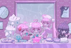 Rule 34 | 4girls, @ @, absurdres, ahoge, apron, black eyes, black hair, black sailor collar, black serafuku, blunt bangs, blunt ends, bow, bowtie, cake, candy, commentary request, creature, detached sleeves, eating, expressionless, food, food on face, fork, fruit, grabbing, hair intakes, hairband, hat, highres, holding, holding food, holding fork, hood, hood down, hoodie, indie virtual youtuber, indoors, jacktaro, licking, licking finger, long sleeves, long table, momone chinoi, multiple girls, multiple persona, neckerchief, nurse cap, painting (object), partially colored, pink bow, pink bowtie, pink eyes, pink hair, pink hoodie, portrait (object), sailor collar, school uniform, serafuku, short hair, sitting, stack, standing, strawberry, table, teapot, text hair ornament, twintails, two side up, virtual youtuber, wafer, wallpaper (object), white apron, white hairband, white neckerchief, white sleeves