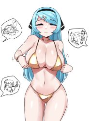Rule 34 | absurdres, adjusting clothes, adjusting swimsuit, bangle, bikini, blue hair, blush stickers, bracelet, breasts, choker, cleavage, closed eyes, closed mouth, contrapposto, cowboy shot, gluteal fold, gold bikini, gold choker, hair ornament, hairband, hairclip, highres, ii (peps art), jewelry, large breasts, light blue hair, long hair, navel, original, peps art, shiny swimsuit, simple background, solo focus, speech bubble, straight-on, swept bangs, swimsuit, vi (peps art), white background