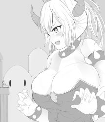 Rule 34 | alicemagic, blonde hair, bowsette, bracelet, breasts, cleavage, collar, excited, fang, giant, giantess, giga bowser, highres, horns, huge breasts, jewelry, mario, mario (series), monochrome, mountain, nintendo, scared, size difference, spikes, super smash bros., tower