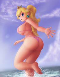 Rule 34 | 1girl, 2022, armpits, ass, bikini, blonde hair, blue eyes, breasts, butt crack, colored skin, crown, earrings, eyelashes, feet, feet up, huge ass, jewelry, large breasts, looking at viewer, looking back, mario (series), micro bikini, nintendo, pink lips, ponytail, princess, princess peach, saf-404, sideboob, swimsuit, thick thighs, thighs, thin bikini, tight clothes, water, white skin, wide hips