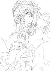 Rule 34 | 00s, 1girl, aoi kumiko, cowboy shot, cross-laced clothes, dress, frilled sleeves, frills, greyscale, hairband, juliet sleeves, lolita hairband, long sleeves, looking at viewer, monochrome, puffy long sleeves, puffy sleeves, rozen maiden, simple background, solo, suigintou, white background
